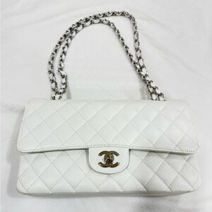💯 Auth Chanel White Quilted Caviar Medium Classic Double Flap Bag Edge Stitching
